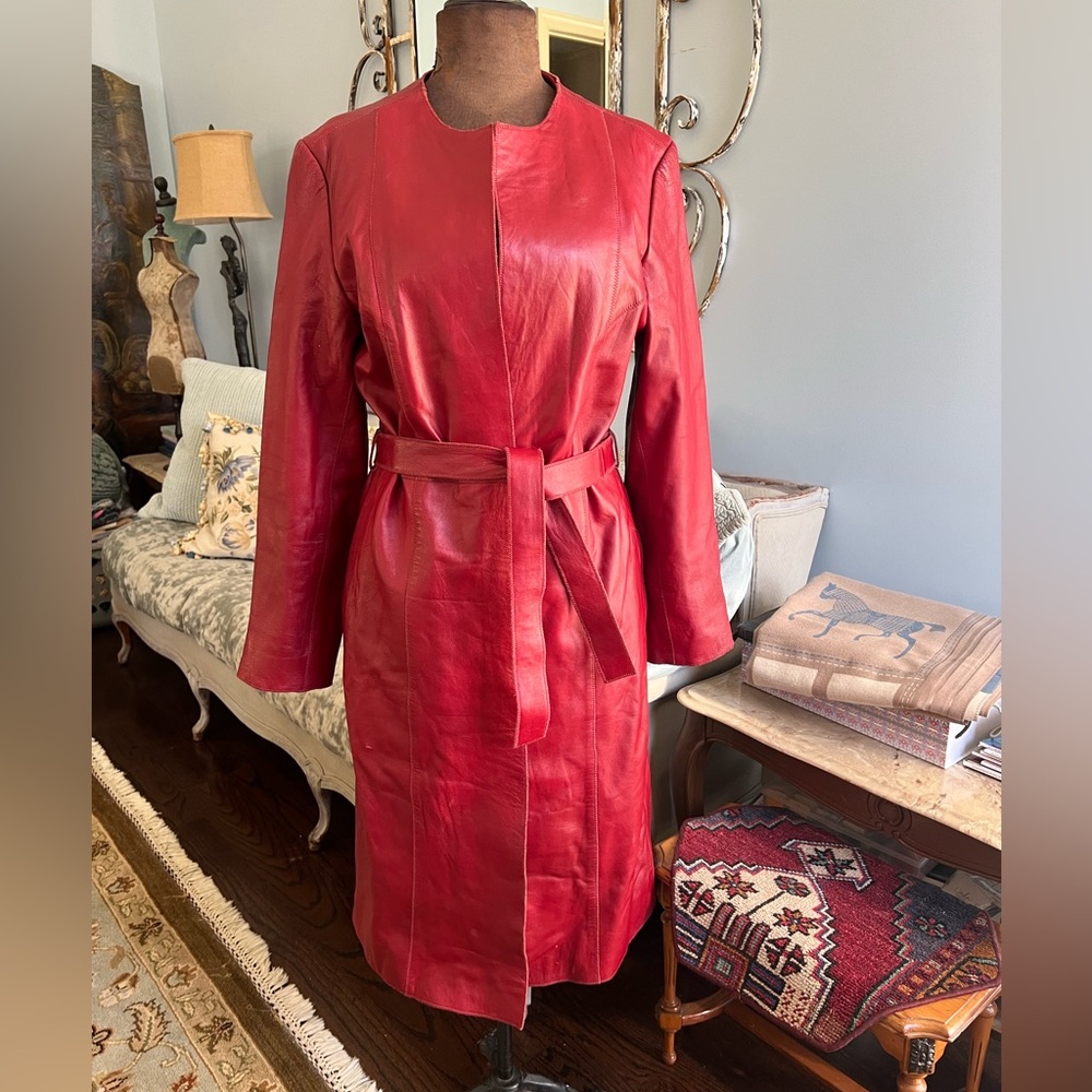INC International Concepts Red Leather Belted Trench Coat
